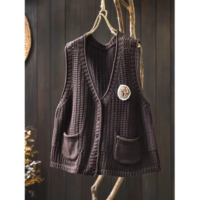 手工花朵双口袋V领棉线马甲女秋季宽松休闲叠穿针织坎肩背心上衣