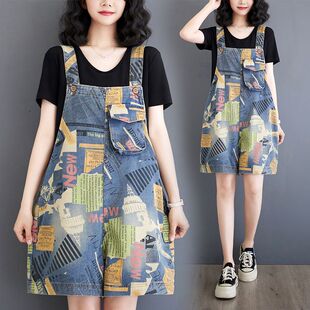 欧货印花牛仔背带裤女夏季大码胖mm短裤洋气遮肉吊带连体裤休闲裤
