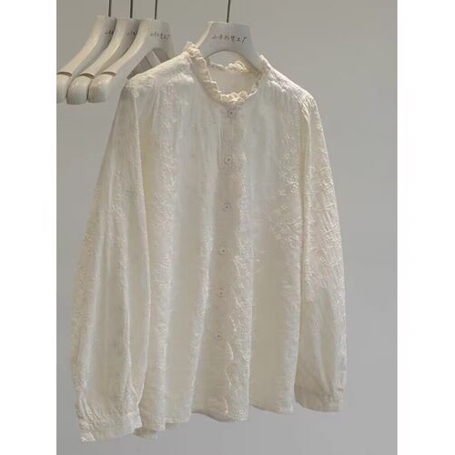 法式小立领刺绣蕾丝钩花木耳边衬衫女春秋高级感内搭衬衣气质小衫