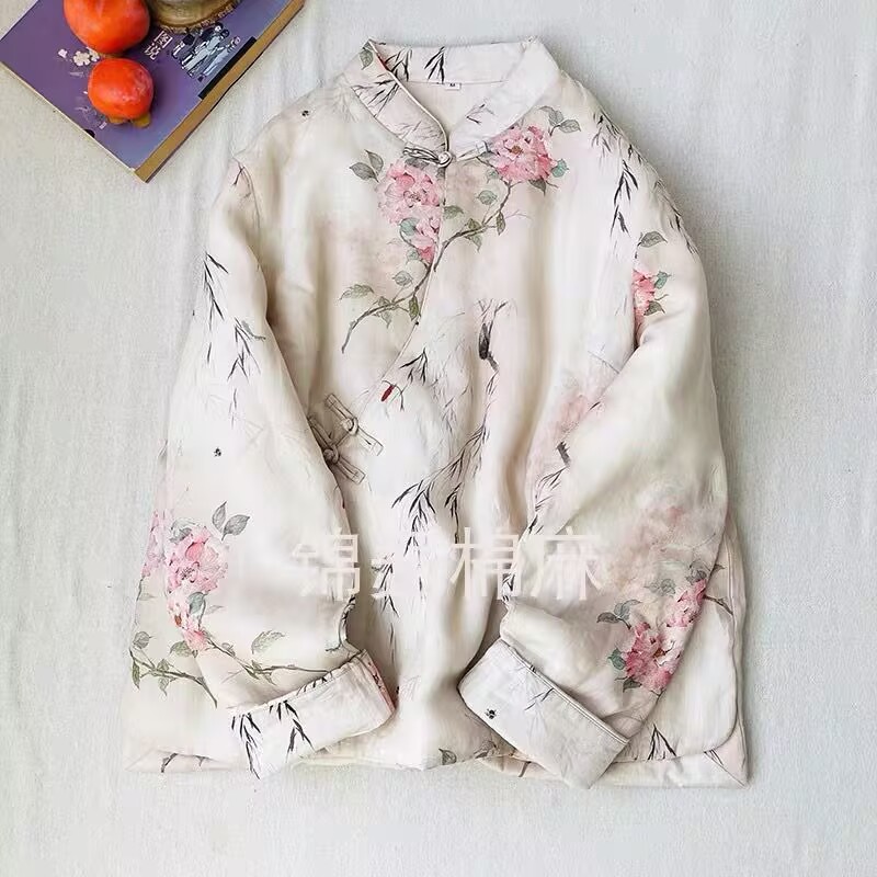 复古国风印花斜襟盘扣棉服女冬季新中式夹棉保暖棉袄立领茶服上衣