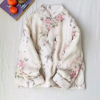 复古国风印花斜襟盘扣棉服女冬季新中式夹棉保暖棉袄立领茶服上衣