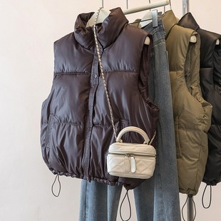 大码胖mm复古PU皮羽绒棉衣马甲外套女冬装松紧下摆加厚宽松面包服