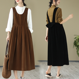 复古蝴蝶结连衣裙潮 胖mm宽松法式 复古港味工装 灯芯绒背带裙女大码