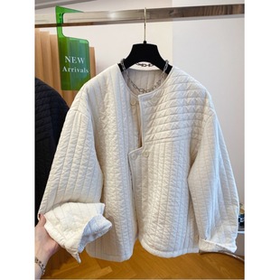 韩版圆领绗缝棉衣外套女秋冬新款不规则门襟夹棉保暖宽松棉服上衣