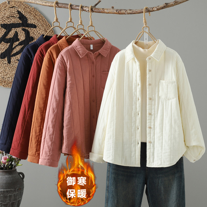 韩版休闲衬衫式翻领棉衣女冬装绗缝夹棉保暖宽松外穿开衫棉袄上衣
