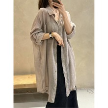 大码宽松慵懒风亚麻防晒衬衫外套女士夏季新款中长款外搭罩衫上衣