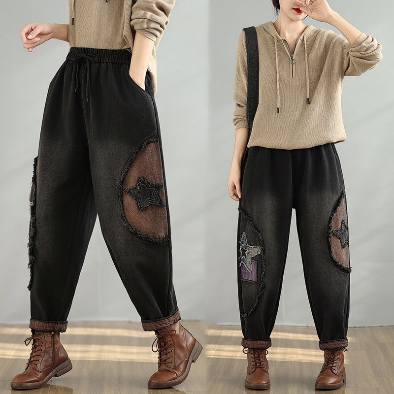 欧货个性做旧牛仔裤女春秋新款胖mm拼接贴布撞色九分老爹哈伦裤潮