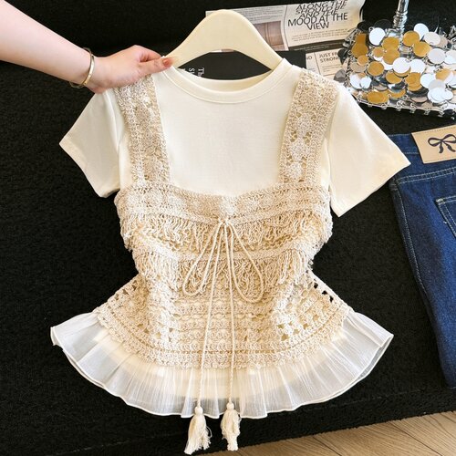 重工蕾丝拼接吊带白色T恤叠