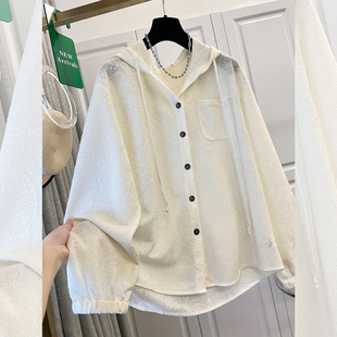 韩系慵懒风白色腰果花纹连帽刺绣衬衫女春夏设计感长袖防晒上衣薄