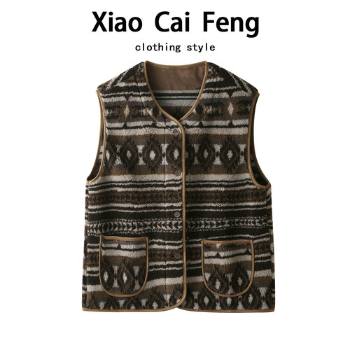 复古费尔岛提花羊羔绒马甲女秋冬内搭皮毛一体保暖马夹叠穿坎肩潮