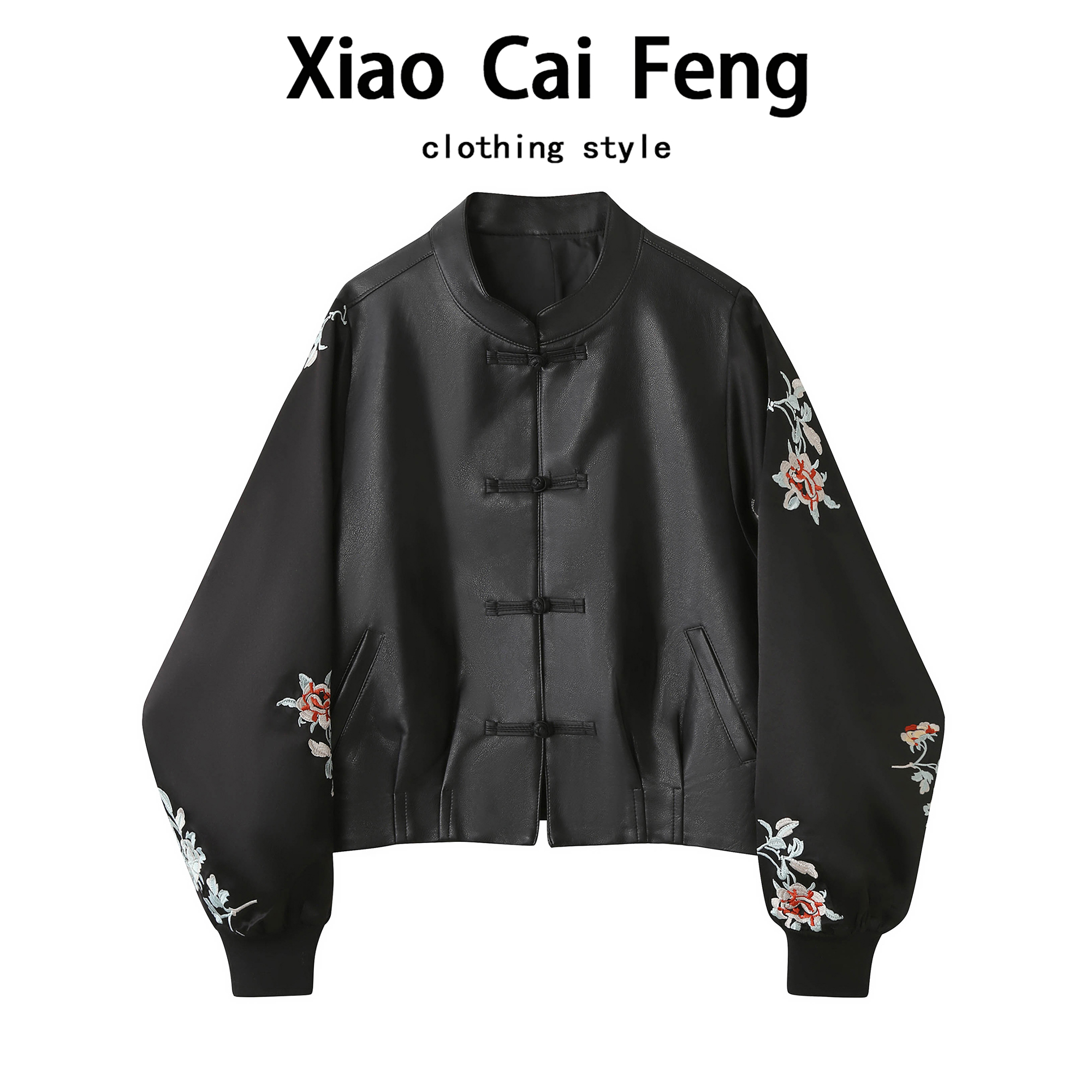 新中式国风对襟盘扣刺绣pu皮衣短外套女春秋高级感百搭夹克上衣潮