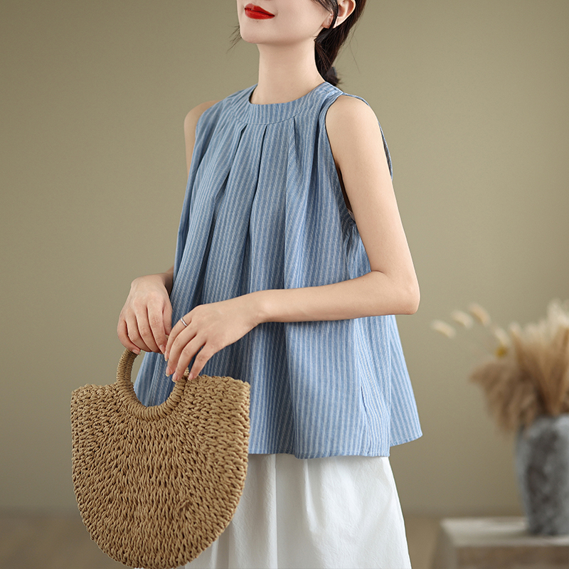 条纹压褶挂脖棉麻无袖背心衬衫2024新款女夏季薄款娃娃衫别致上衣