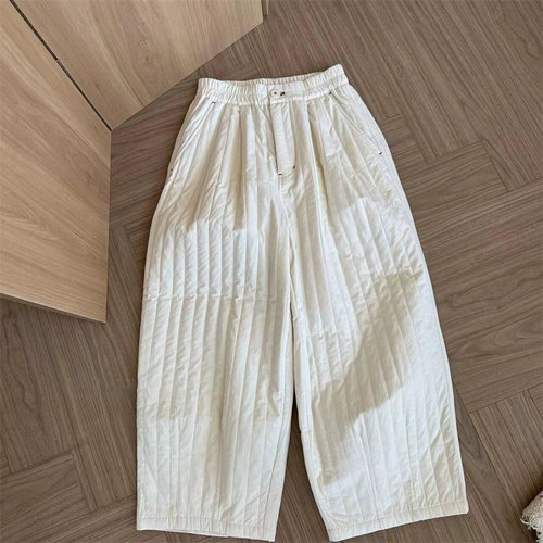 复古绗缝条纹休闲夹棉阔腿裤女冬季高级感加厚保暖奶奶裤直筒棉裤