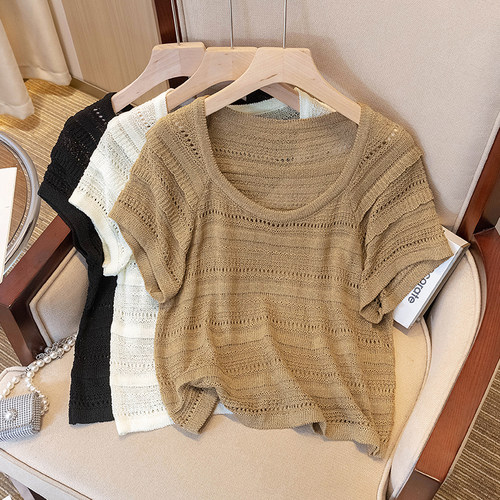 高级感镂空冰丝针织短袖t恤女夏季大码胖mm薄款宽松遮肚小众上衣