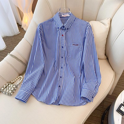 复古港风蓝色格子衬衫女春秋洋气刺绣衬衣通勤休闲内搭叠穿上衣潮