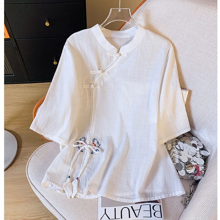 新中式盘扣斜襟棉麻衬衫女夏季立领刺绣改良茶服唐装宽松短款上衣