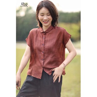 复古通勤棉麻小飞袖衬衫女夏季百搭休闲宽松显瘦娃娃领薄亚麻上衣