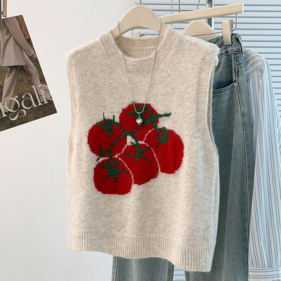 韩系休闲西红柿无袖针织马甲女秋冬大码胖mm洋气减龄叠穿坎肩背心