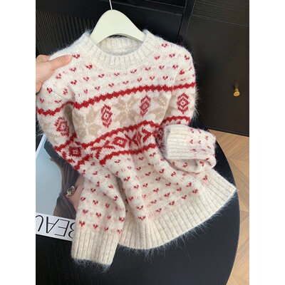 费尔岛撞色提花针织毛衣女秋冬氛围感宽松内搭可外穿打底衫上衣潮