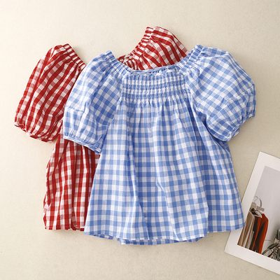 法式方领蓝色格子短袖衬衫女夏季独特超好看减龄娃娃衫泡泡袖上衣