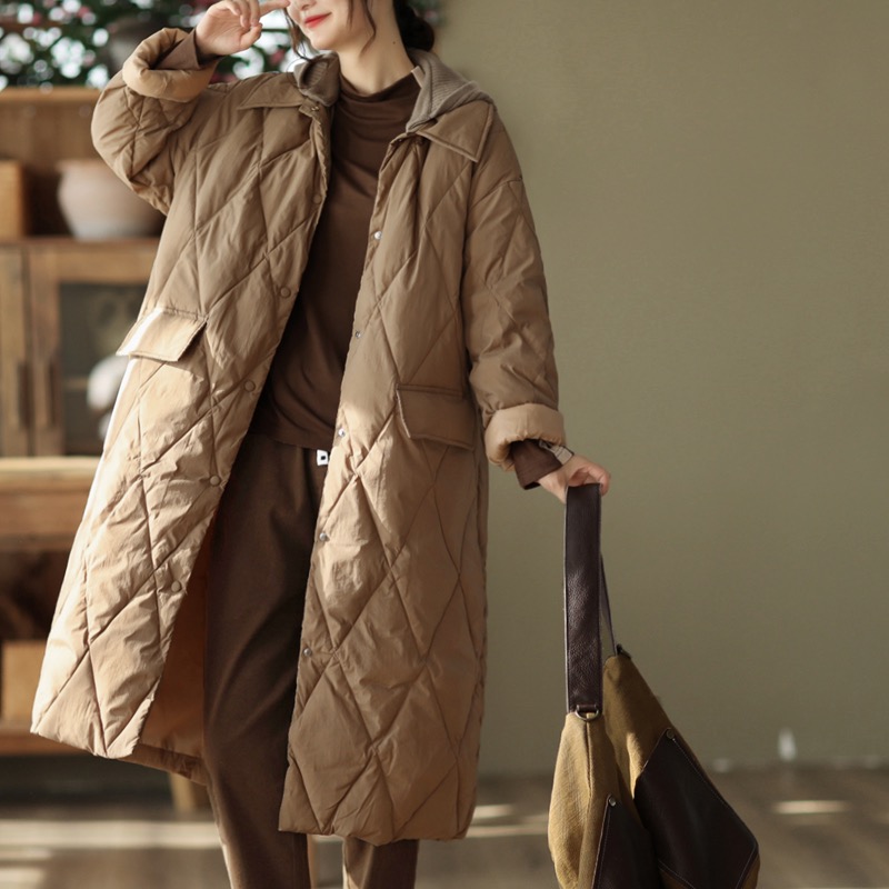 时尚菱格针织连帽羽绒棉服女冬季大码宽松中长款过膝面包服棉袄潮