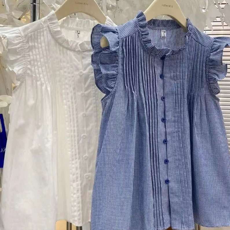 法式甜美减龄格纹/白色飞飞袖木耳边衬衫女夏季新款韩版休闲上衣