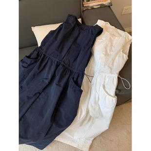 日系慵懒风纯色抽绳收腰无袖连衣裙女夏季新款宽松显瘦休闲背心裙