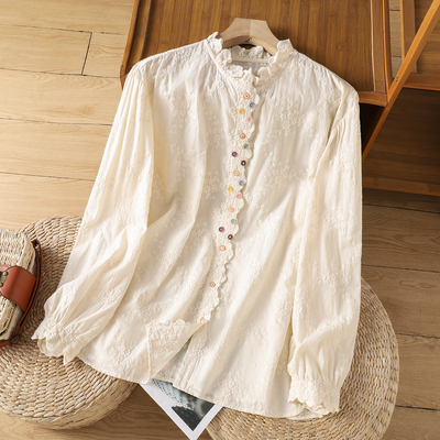 复古木耳边刺绣提花衬衫女春秋文艺减龄小衫休闲立领衬衣别致上衣
