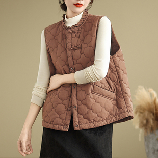 外套 坎肩短款 复古菱格夹棉马甲女秋冬新中式 盘扣轻薄棉服保暖无袖