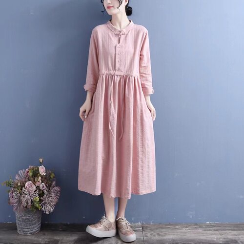 棉麻连衣裙女2026春秋文艺范新中式盘扣长袖衬衣裙系带收腰长裙子