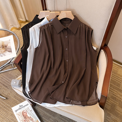 法式减龄翻领无袖衬衫大码胖mm遮肚子显瘦背心小众薄款雪纺上衣女