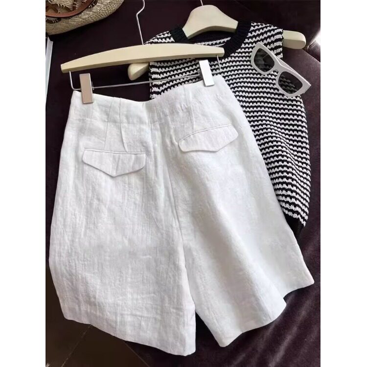 复古简约白色棉麻西装短裤女夏季轻薄休闲五分裤高腰亚麻阔腿中裤