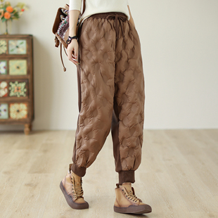 女外穿冬季 宽松束脚哈伦长裤 时尚 加绒加厚卫裤 潮 大码 轻薄羽绒棉裤