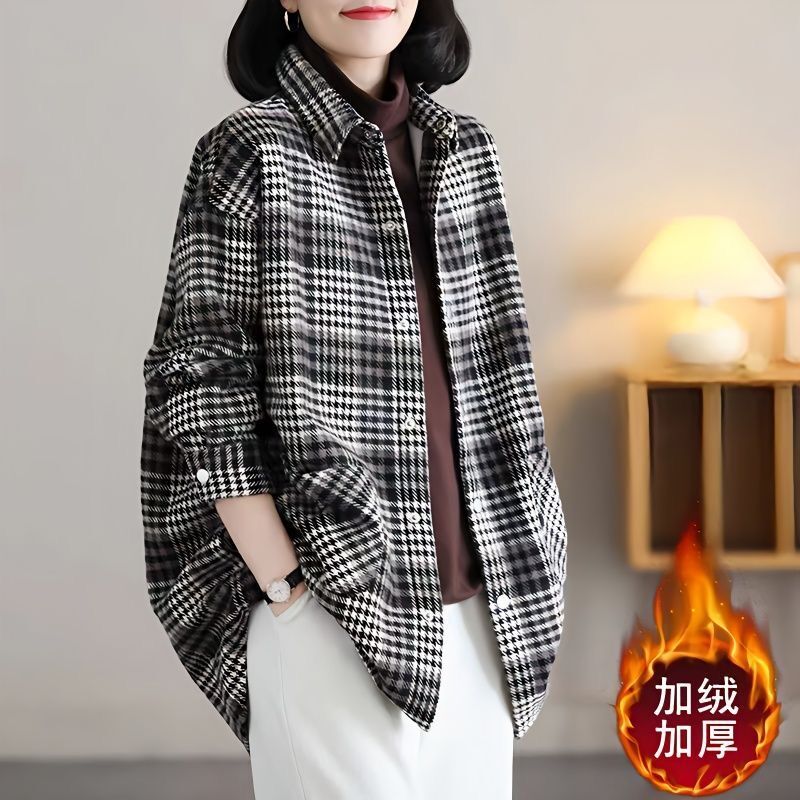 复古格子加绒衬衫外套女秋冬
