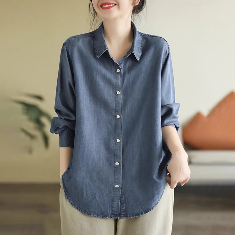 复古高级感天丝牛仔衬衫女式春季宽松设计感小众翻领衬衣别致上衣