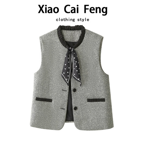 小香风丝巾系带马甲外套女秋装女神范叠穿背心百搭超好看马夹上衣