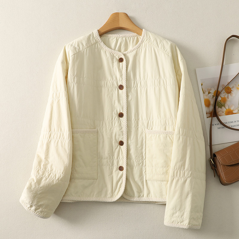 日系文艺夹棉轻薄保暖棉衣短外套女冬装舒适宽松显瘦气质开衫上衣