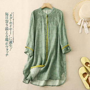 清仓捡漏~撤柜尾货复古刺绣炒色七分袖衬衫女宽松中长款苎麻上衣