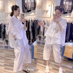 白色棉麻套装女春秋新款休闲慵懒风百搭宽松衬衫七分阔腿裤两件套