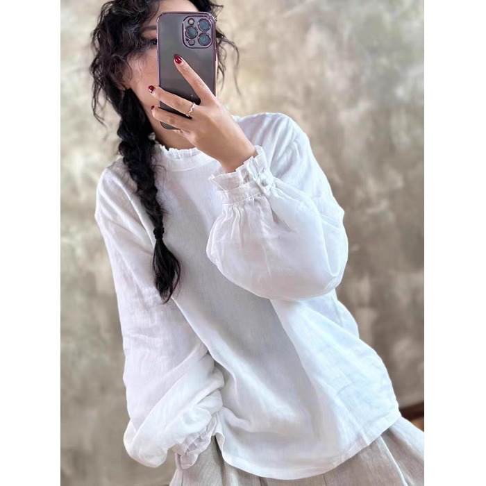 新中式复古粉色衬衫女春秋新款减龄木耳边长袖衬衣内搭可外穿上衣