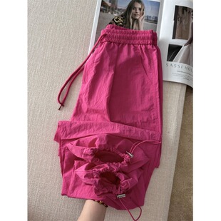 薄款 女夏季 防晒束脚运动冲锋裤 美式 潮 玫红色工装 速干阔腿伞兵裤 裤