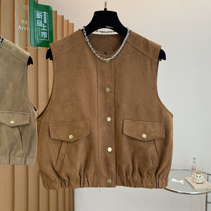 美拉德风棕色麂皮绒圆领马甲女春夏外搭时髦洋气叠穿无袖坎肩背心