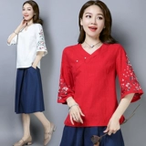 Этническая летняя футболка, этнический стиль, с вышивкой, из хлопка и льна, свободный крой, облегающий крой, короткий рукав