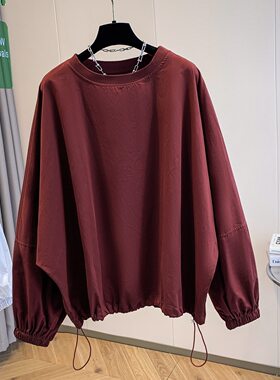 复古酒红色抽绳蝙蝠袖套头卫衣女秋季新款休闲宽松百搭外穿打底衫