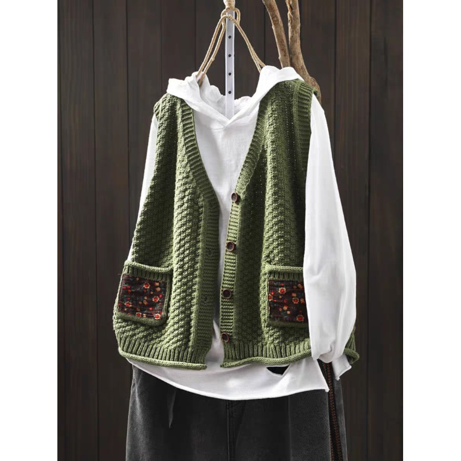 文艺风V领贴布口袋针织马甲背心女秋装休闲百搭叠穿毛衣开衫上衣