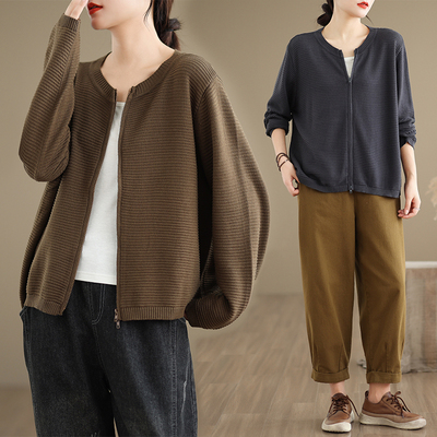 文艺圆领棉线针织开衫女秋季外搭休闲慵懒风大码长袖毛衣短外套潮