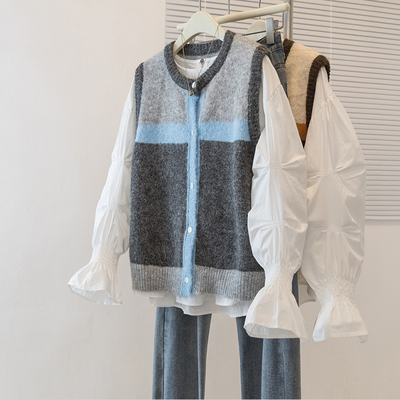 大码胖mm撞色条纹针织开衫马甲女春秋新款休闲宽松叠穿无袖背心潮