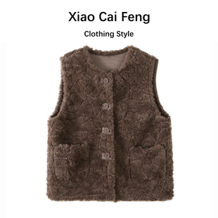 羊羔毛圆领马甲女冬季 背心加厚保暖短外套 皮毛绒一体外穿坎肩无袖