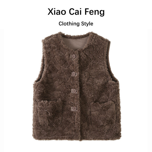 羊羔毛圆领马甲女冬季皮毛绒一体外穿坎肩无袖背心加厚保暖短外套