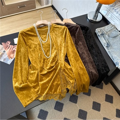 法式蕾丝拼接丝绒长袖T恤女秋冬收腰开叉显瘦气质内搭打底衫上衣